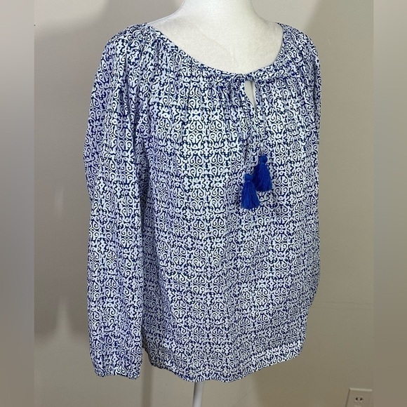 J. Crew sz med top, tunic boho style. Blue stripe Tie at the neckline. - Picture 1 of 13